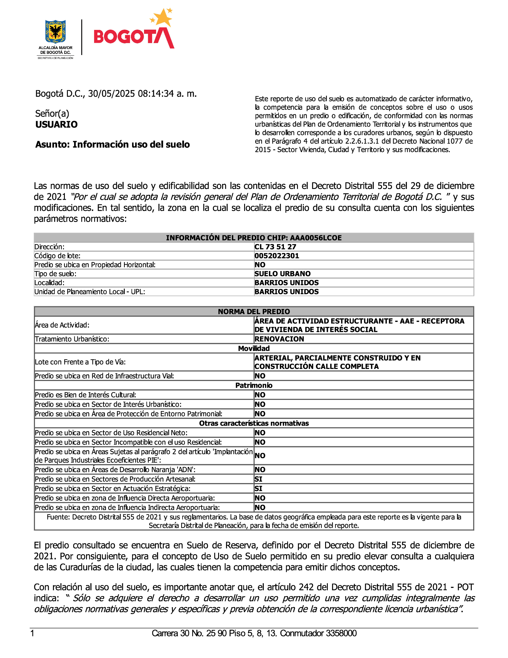 Reporte uso del suelo